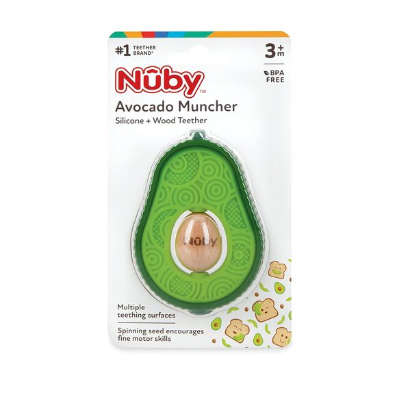 Nuby Silicone Avocado Teether 3 Months Plus Baby Toy Spinning Wood Seed BPA Free - Picture 3 of 6